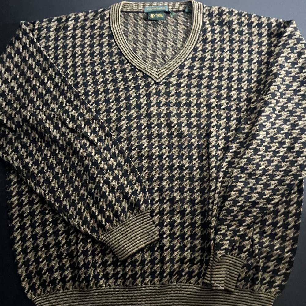 Bobby Jones V-Neck Sweater Mens XL Black Gold Houndstooth Pima Cotton Pullover